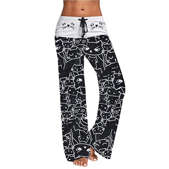Pants - Black & White Crazy Cat Lady Drawstring Leggings M